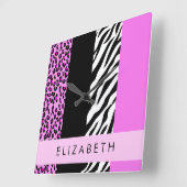 Leopard Print, Zebra Print, Roze, Jouw naam Vierkante Klok (Hoek)