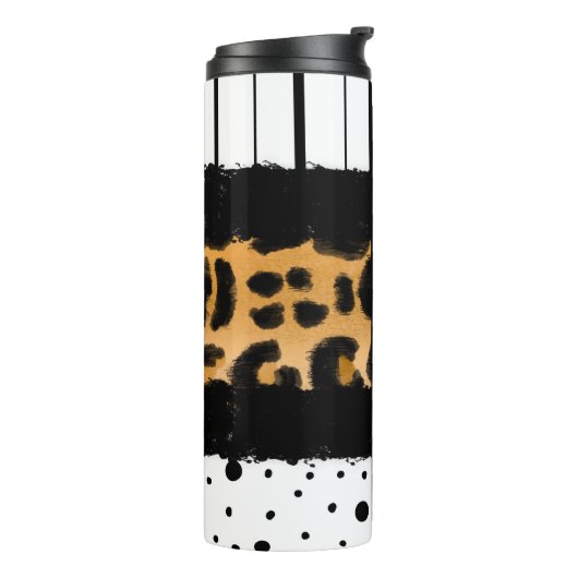 Leopard Print, zwarte en witte poolpunten, strepen Thermosbeker (Gedraaid links)