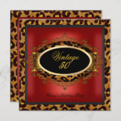 Leopard Red Gold Black Birthday Party 50 Kaart (Voorkant / Achterkant)