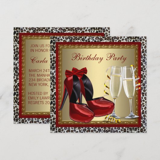 Leopard Red High Hiel Shoes Birthday Party Kaart (Voorkant / Achterkant)
