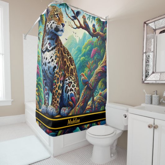 Leopard Serenity: gewaagd tropisch ontwerp Douchegordijn (In situ)