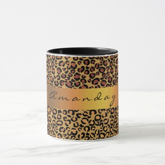 Leopard Skin Black Honey Gold Stripe Name Coffe Mok (Midden)