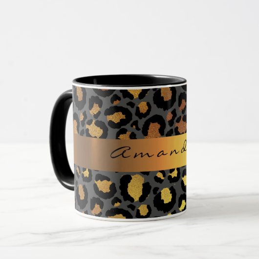 Leopard Skin Black Honey Gold Stripe Name Custom Mok (Voorkant links)