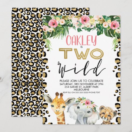 Leopard Skin Floral 2 Wild Birthday Uitnodiging (Voorkant / Achterkant)