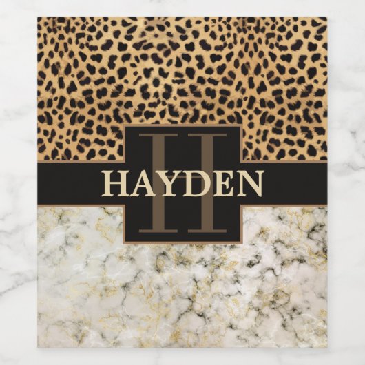 Leopard Spot Marble Monogram Naam Wijn Etiket (Enkel label)