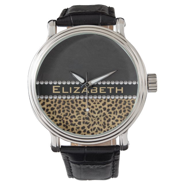 Leopard Spot Rhinestone Diamonds Monogram PHOTO Horloge (Voorkant)