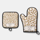 Leopard Spots Goud en Wit Dierenprint Patroon Ovenwant & Pannenlap Set (Voorkant)