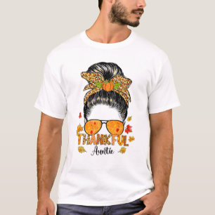 Leopard Thankful Auntie Herfst Messy Bun Thanksgiv T-shirt
