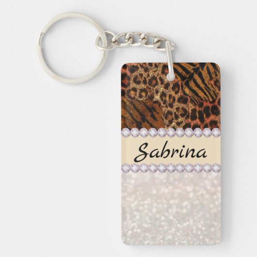 leopard tijger huidroze diamant glitter kristallen sleutelhanger (Voorkant)
