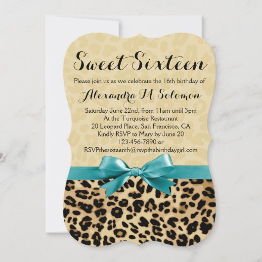 Leopard Turquoise Bow Sweet 16 Feestuitnodiging Kaart (Voorkant)