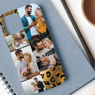 Leopard Zwart Goud Dier Print 5 Fotocollage iPhone 12 Pro Max Hoesje