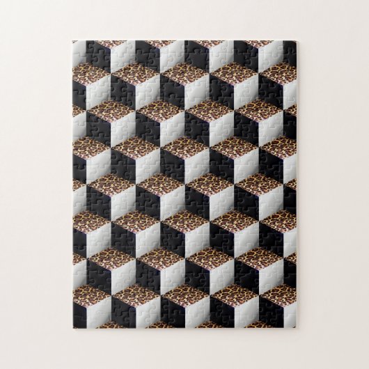 Leopard Zwart Wit Gekleurde 3D Look Cubes Legpuzzel (Verticaal)