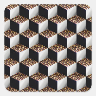 Leopard Zwart Wit Gekleurde 3D Look Cubes Vierkante Sticker
