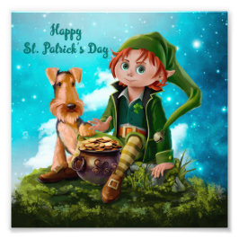 Leprechaun boy, Irish Terrier en pot of gold Foto Afdruk