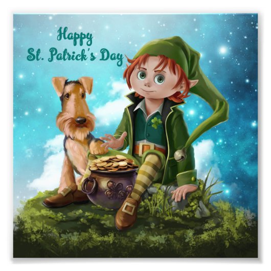 Leprechaun boy, Irish Terrier en pot of gold Foto Afdruk (Voorkant)
