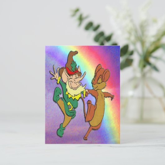 Leprechaun en Mouse Dansend met regenboog Briefkaart (Staand voorkant)