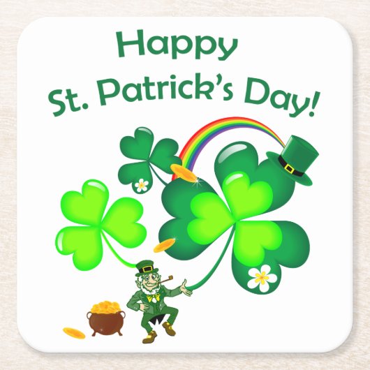 Leprechaun en Shamrock Vierkante Kartonnen Onderzetter (Voorkant)