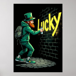 Leprechaun graft een muur met het woord "Lucky" Poster