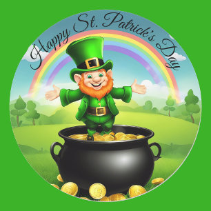 Leprechaun St. Patrick's Pot of Gold Rainbow Ronde Sticker