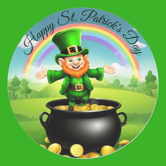 Leprechaun St. Patrick's Pot of Gold Rainbow Ronde Sticker