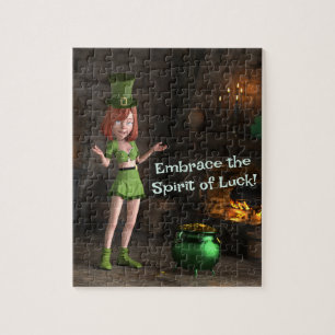 Leprechaun Toon Meisje naast de pot met goud Legpuzzel