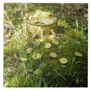 "Leprechaun's Pot of Gold in Moss!" Keramische Teg Tegeltje