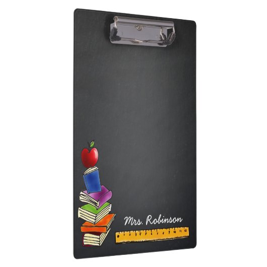 Leraar Apple Book Stack Chalkboard Monogram Naam Klembord (Rechts)