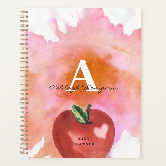 Leraar Apple Heart Monogram Naam Rood Roze Planner (Voorkant)