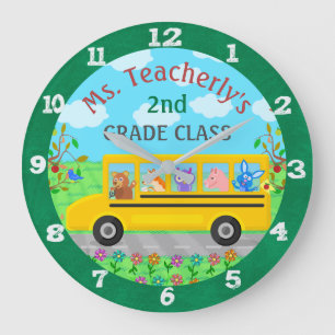 Leraar Classroom Cute Animals op Bus Custom Name Grote Klok