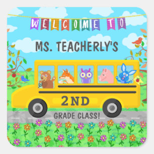 Leraar Classroom Welkom Leuke dieren op de bus Vierkante Sticker