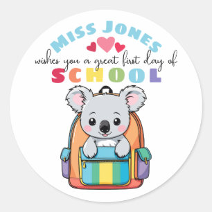 leraar eerste schooldag klas welkom knuffel koala ronde sticker