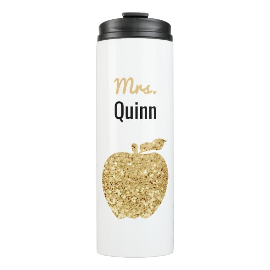Leraar Faux Sequin Gold Apple - Aangepast glam Thermosbeker (Voorkant)