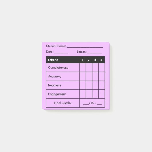 Leraar Grading Rubric Classwork Roze Post It Note (Voorkant)
