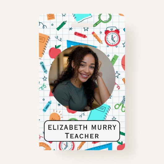 Leraar ID Badge met School Supplies Achtergrond (Voorkant)