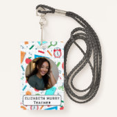 Leraar ID Badge met School Supplies Achtergrond (Voorkant met draagriem)