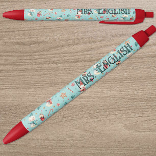 Leraren Naam    Kerststolpen en Snoep Patroon Blauwe Inkt Pen