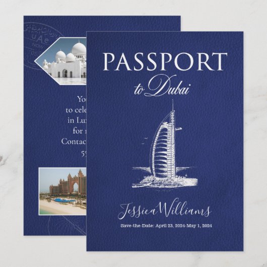 Leren Dubai Paspoort Save the Date Kaart (Voorkant / Achterkant)