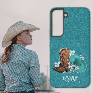 Leren textuur cowgirl bruin turquoise samsung galaxy hoesje