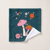 Les années 70 Champignons Rétro Et Fleurs Bleu Mar (Gant de toilette)