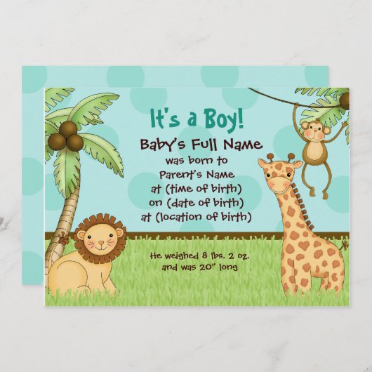 Les bébés de la jungle - Faire-part de naissance d (Devant / Derrière)