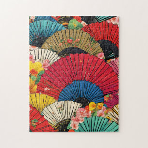 Les fans asiatiques chinois en fleurs Puzzle