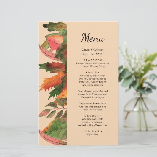 Les feuilles tombent. Menu mariage élégant d'autom (Debout devant)