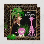 Les Filles Jungle Safari Invitations de fête d'ann (Devant / Derrière)
