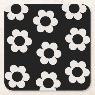 Les Fleurs 02 Black en White Floral Retro Flowers Vierkante Kartonnen Onderzetter