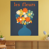 Les Fleurs Retro Flowers in Vase Blue Oranje Canvas Afdruk (Insitu (Woonkamer))