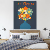 Les Fleurs Retro Flowers in Vase Blue Oranje Canvas Afdruk (Insitu (Slaapkamer))