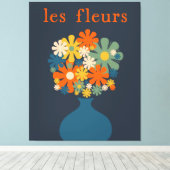 Les Fleurs Retro Flowers in Vase Blue Oranje Canvas Afdruk (Insitu (Houten vloer))