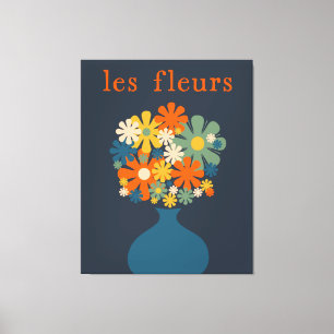 Les Fleurs Retro Flowers in Vase Blue Oranje Canvas Afdruk