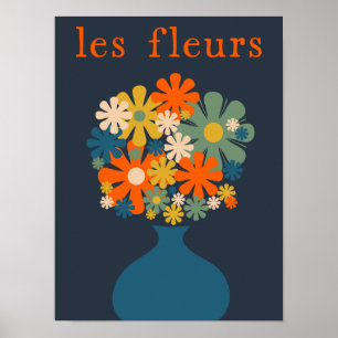 Les Fleurs Schattigee retro bloemen in vaas blauw  Poster