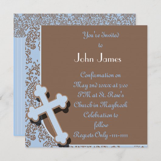 LES GARÇONS INVITATION BLEU AVEC CROIX ET DESIGN D (Devant / Derrière)